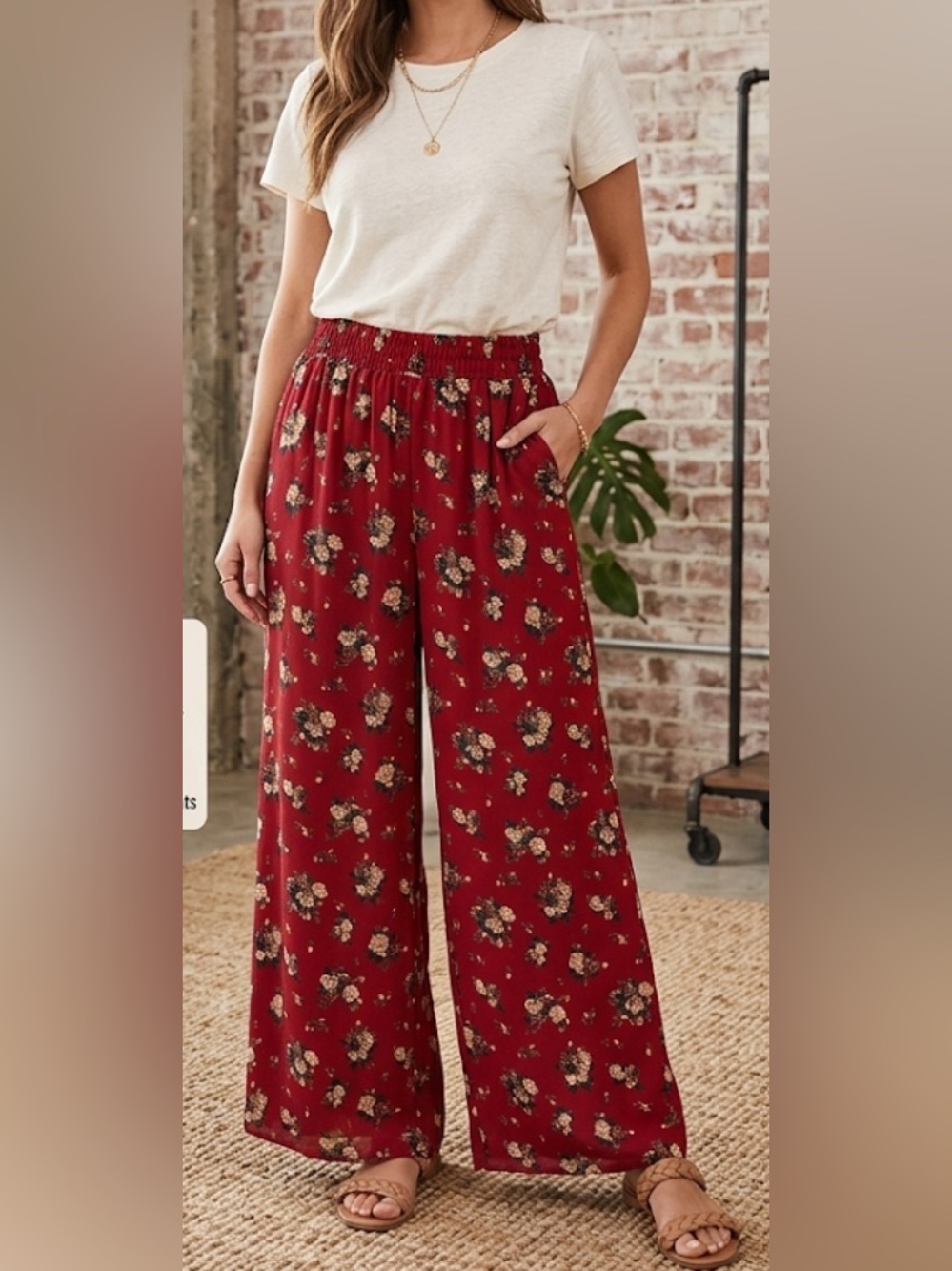 Floral Red Wide Leg Pants- Vintage